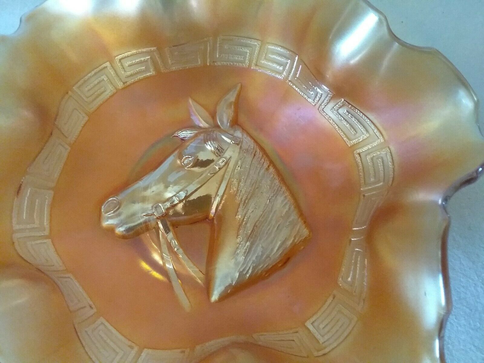 Dugan Carnival Horse Greek Key Glass 8 1/2 " Wide X 2 3/4 " Tall Bowl