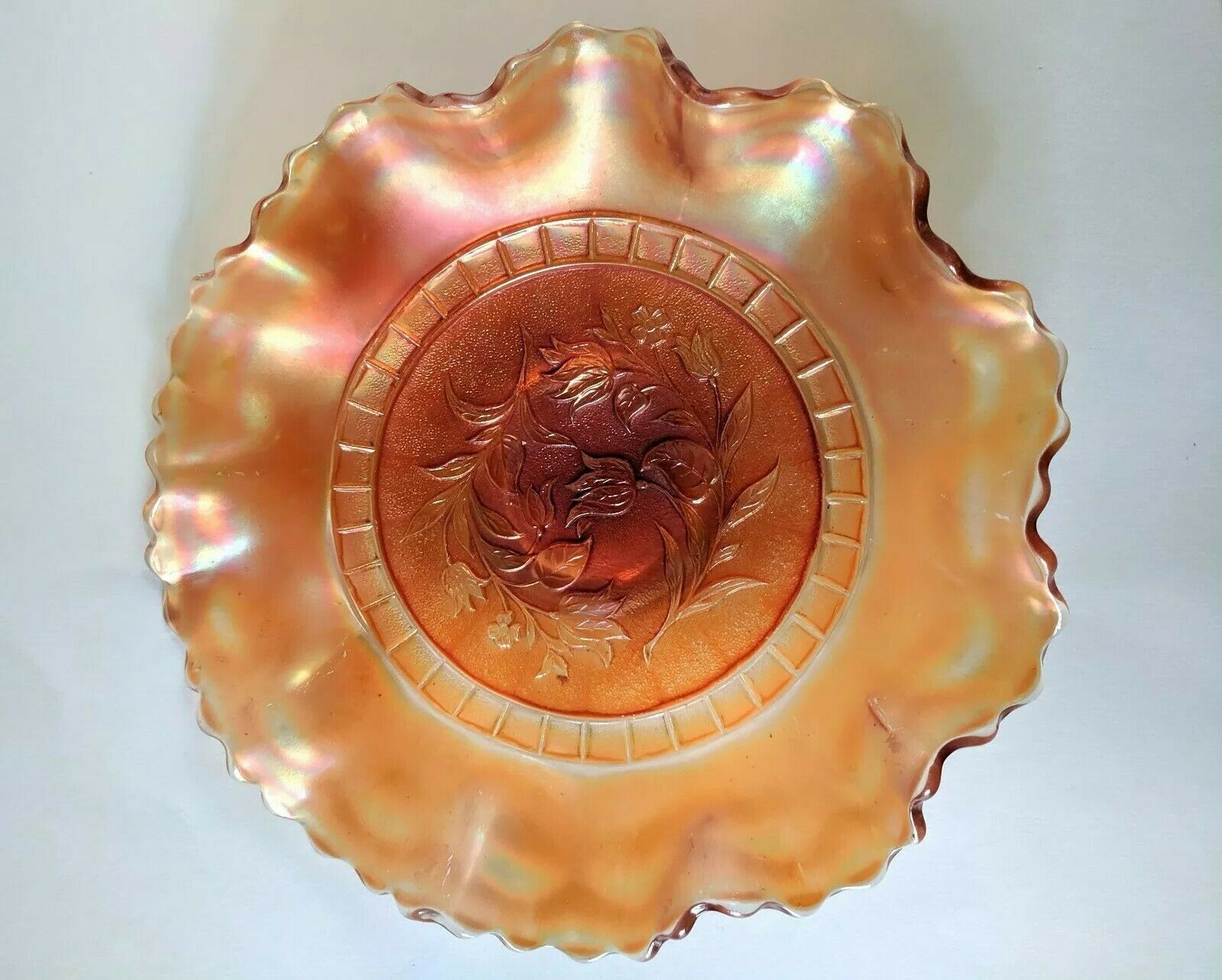 Vintage Dugan Marigold Carnival Glass 8.5" Ruffled Bowl - Windflower