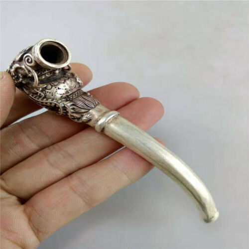 Rare Tibet Silver Copper Smoking Tool Statue Old Sacred Opening Dragon Head Pipe