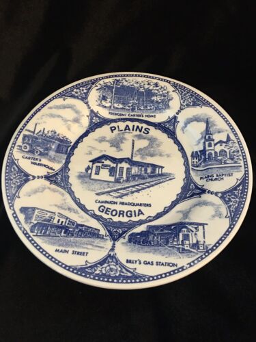 Vintage Plains Georgia Collector Souvenir Plate Blue & White, President Carter