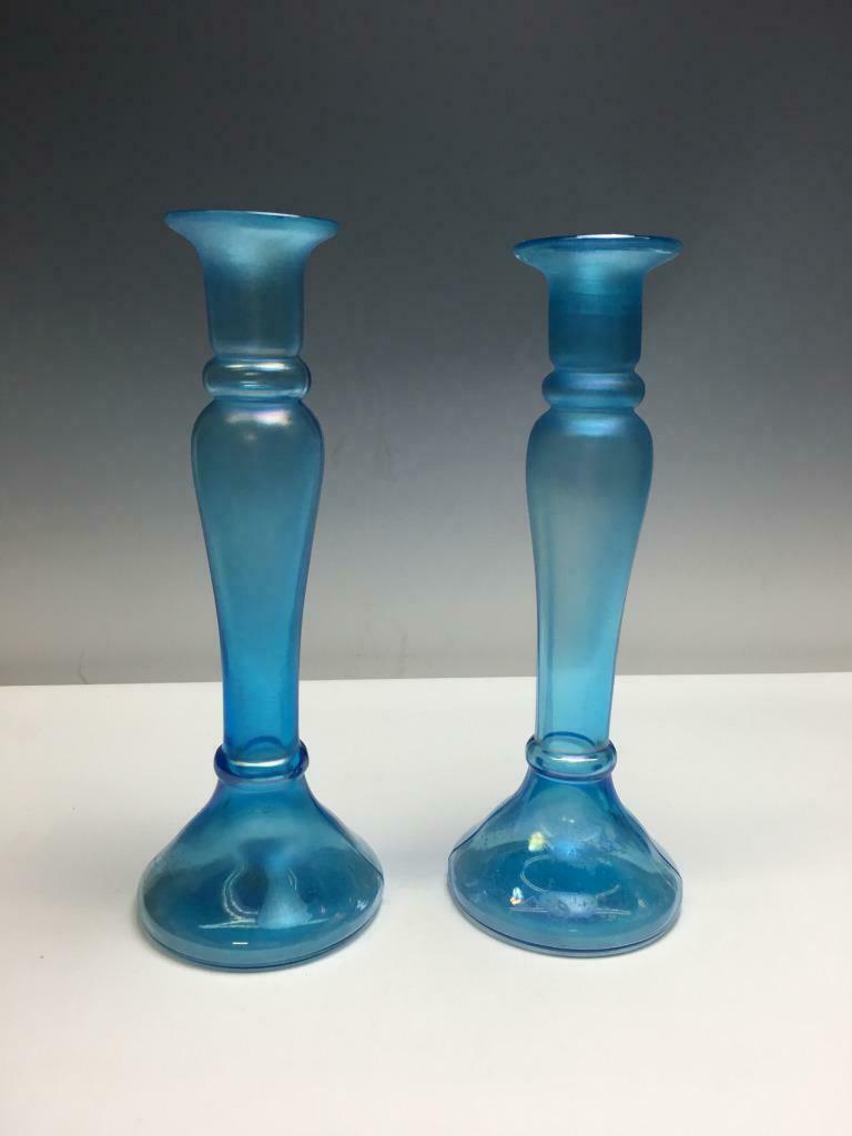 Vtg 1920s Dugan Diamond Celeste Blue Stretch Glass Blown Candlesticks Vase Pair