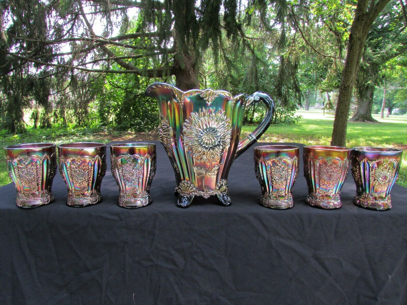 Dugan Dahlia Antique Carnival Glass Complete 7 Pc. Water Set~purple~gorgeous!