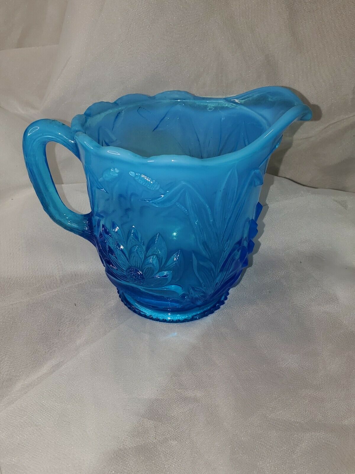 Vintage  Blue Depression Flowers Opalescent Glass Creamer 4.5'' Tall