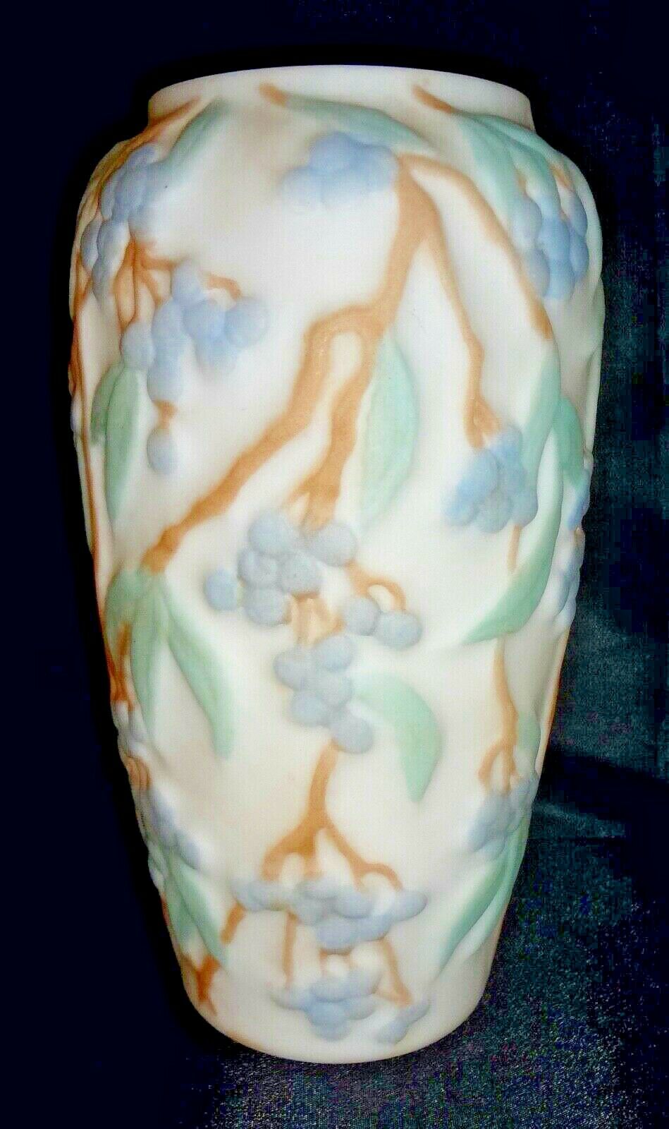 Vtg Phoenix Consolidated White Satin Paint Glass Vase Bittersweet Berry Leaf 10"
