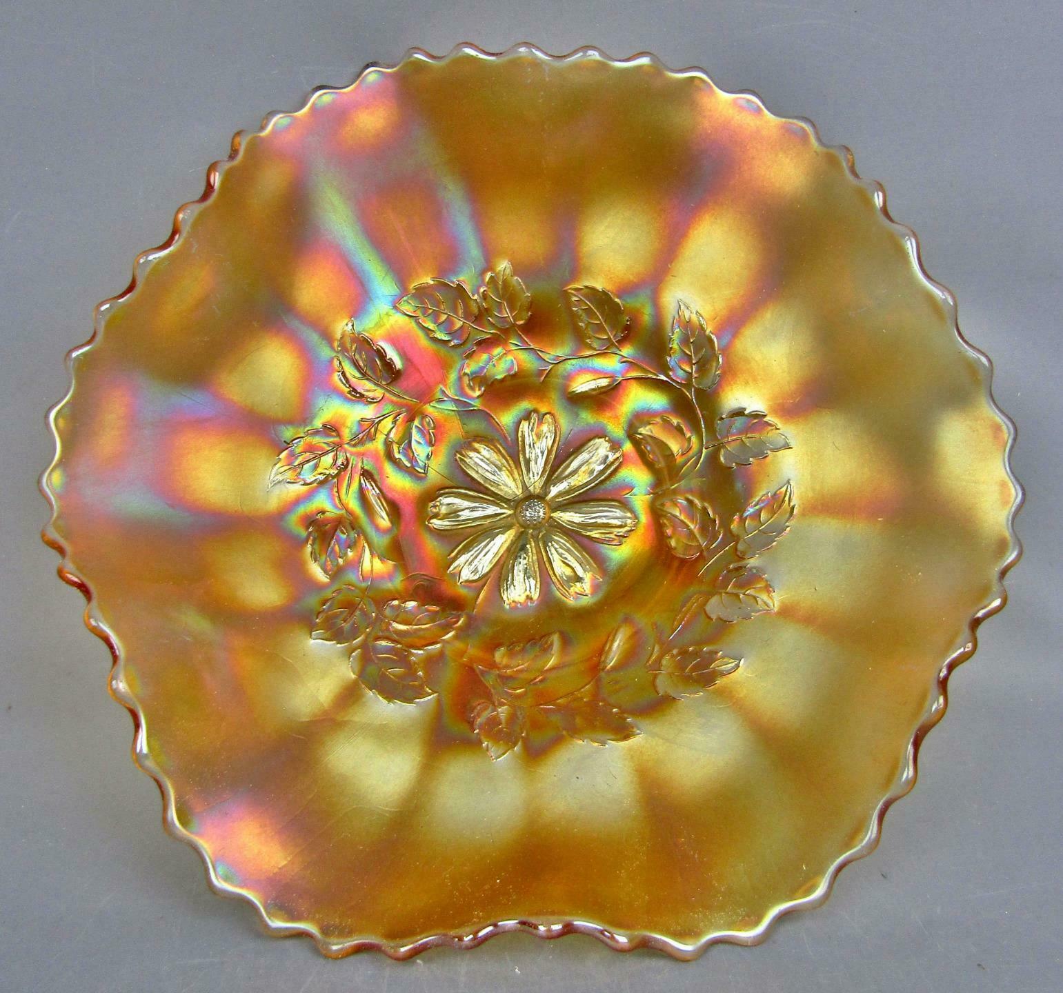 C200 Diamond Cosmos Variant Marigold Carnival Glass 10" Ruffled Bowl