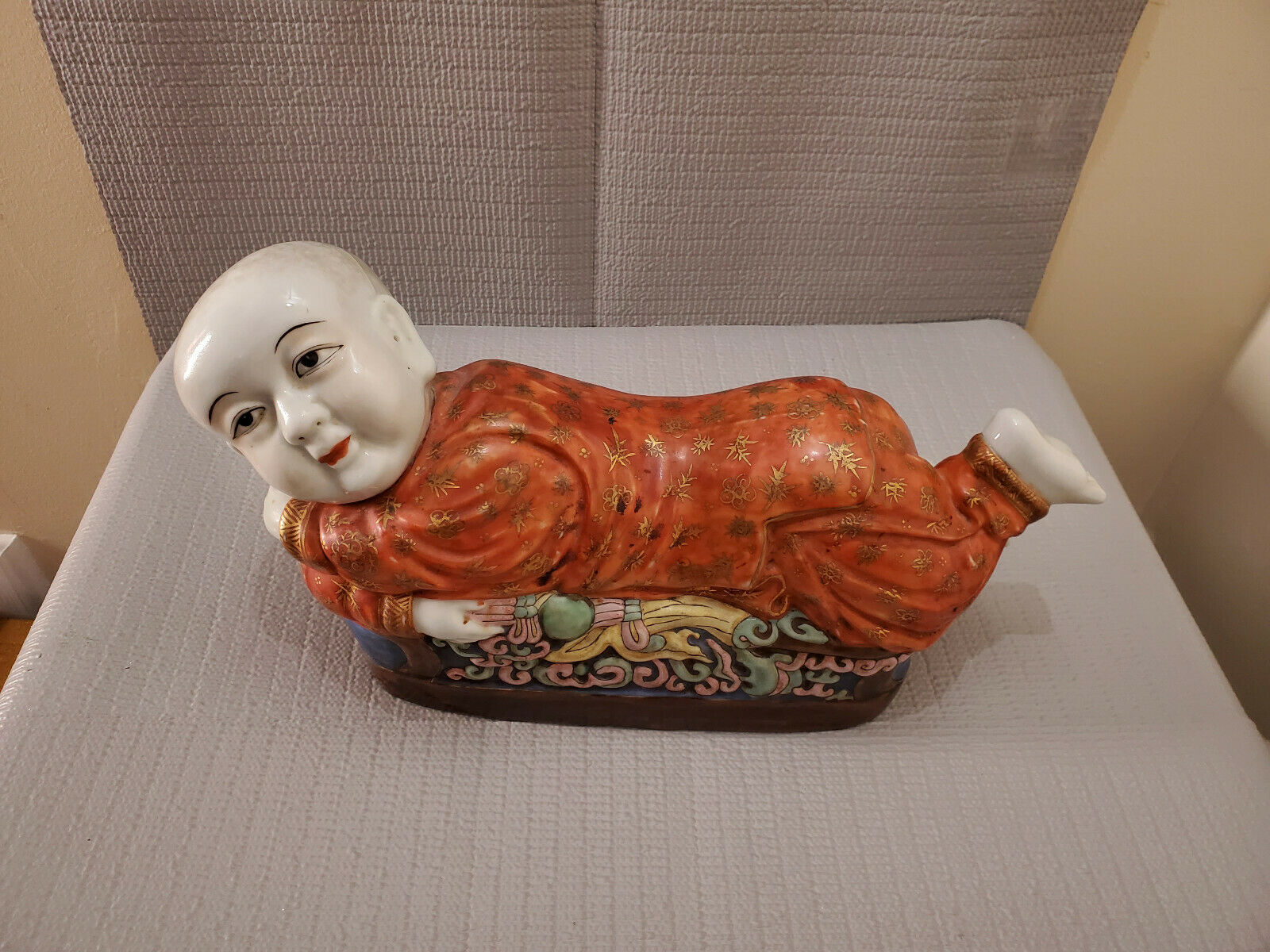 Porcelain Chinese Japanese Ceramic Pillow Buddha Boy Baby 15''l ~8'' T ~5'' D