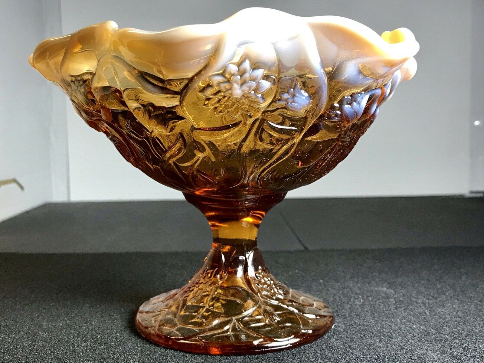 Carnival Glass ? Bowl With Stem Ruffled Milk Colored Edges With Flowers