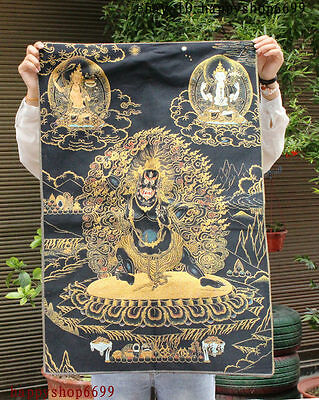 36" Tibet Buddhism Silk Clothmahakala Wrathful Deity Embroidery Thangka Mural